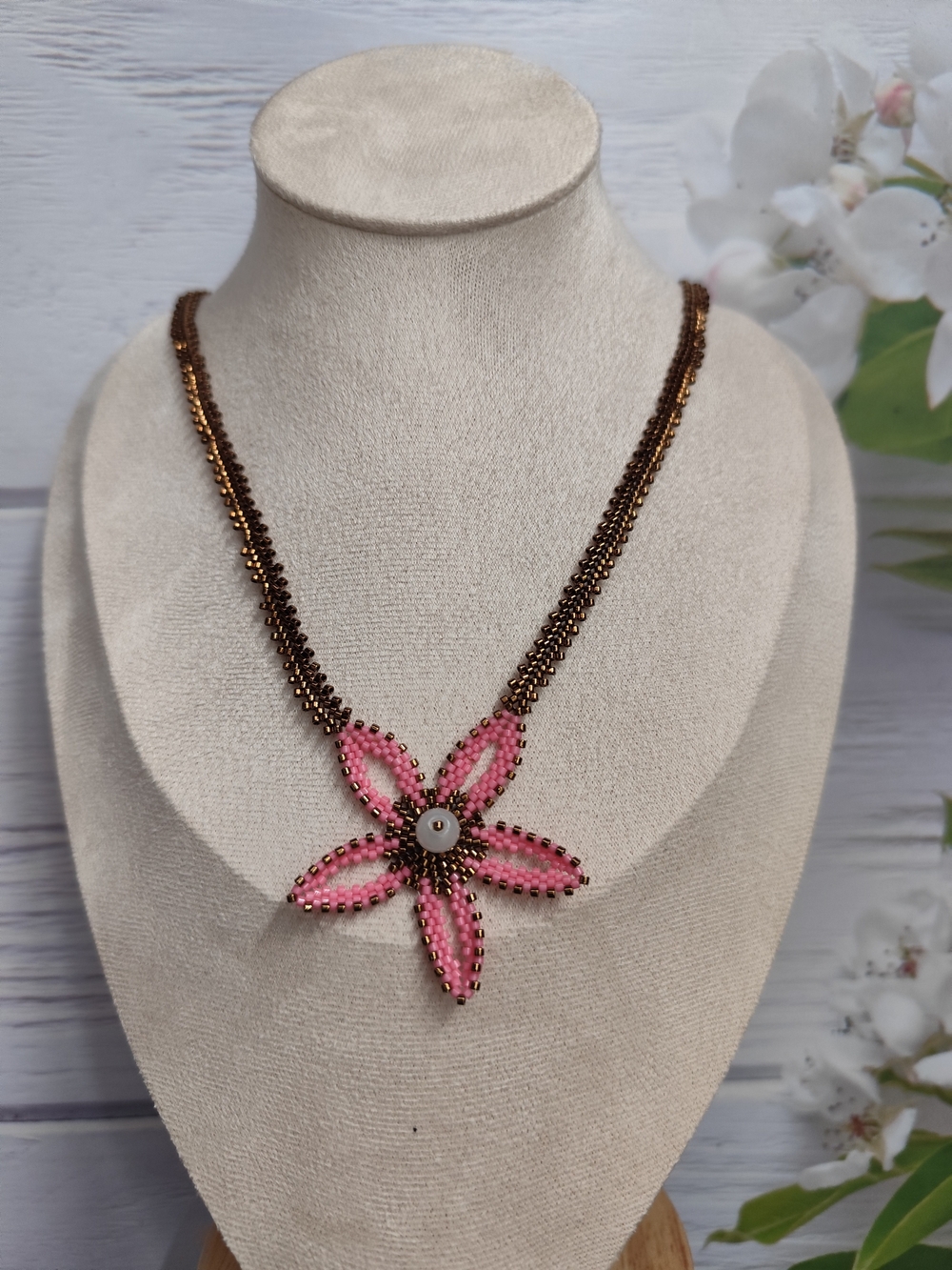 Handmade Pink Flower Beaded Necklace with Brown Accents